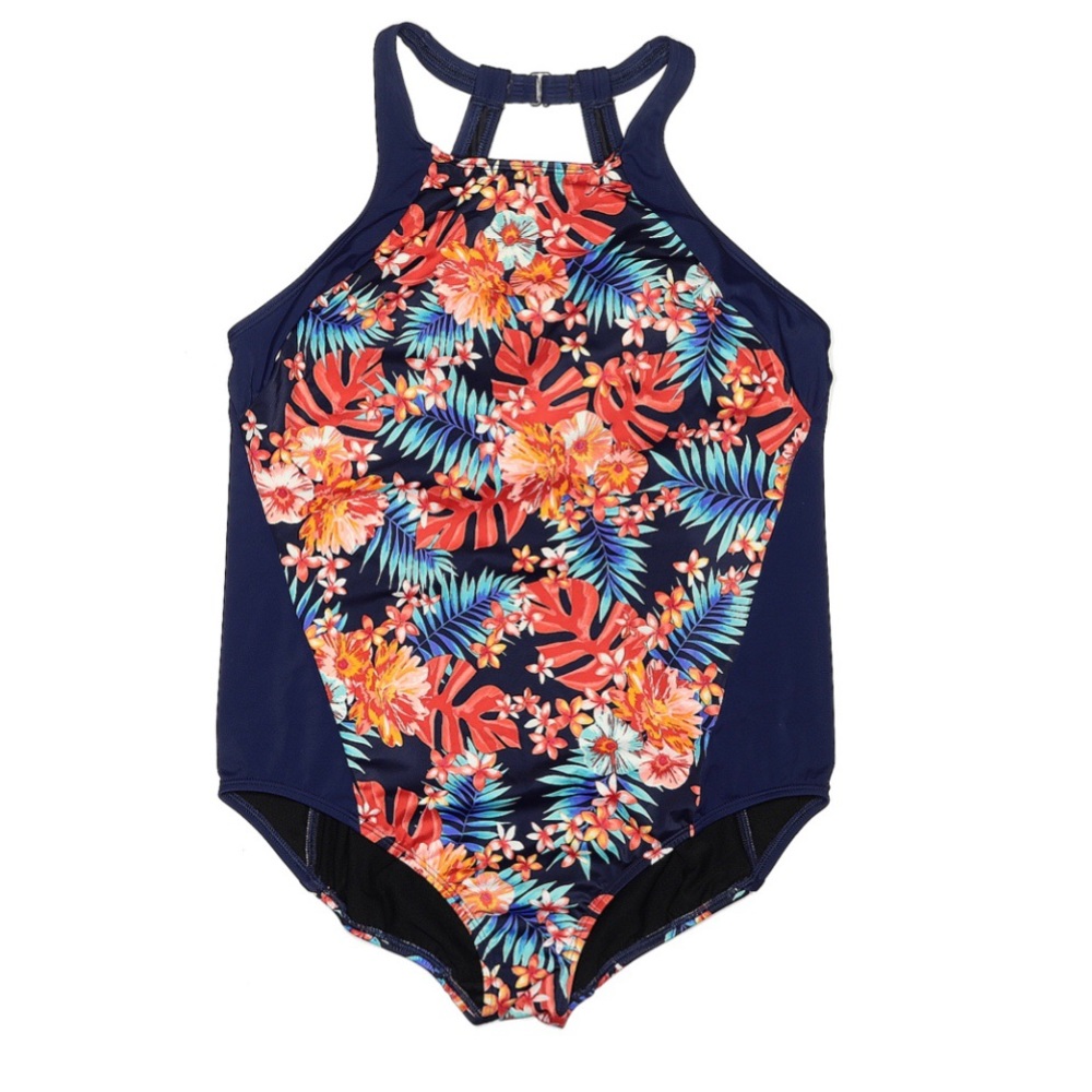 Lands' End Women Blue One Piece Swimsuit 18 Plus Size Tropical Floral Hawaiian